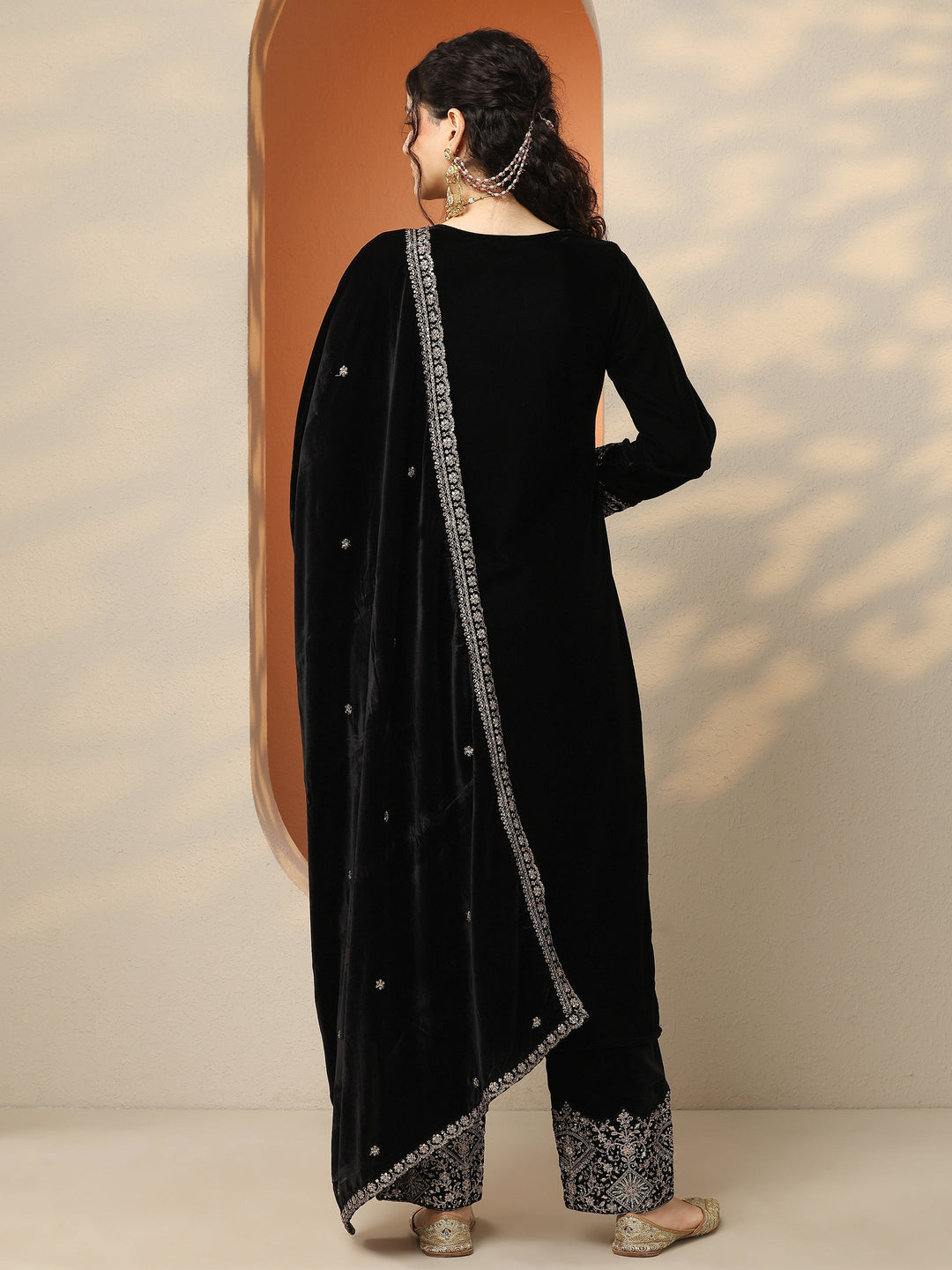  Libas Art Black Embroidered Velvet Straight Suit Set With Dupatta 