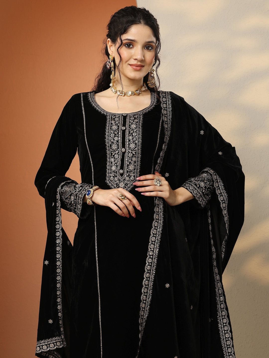  Libas Art Black Embroidered Velvet Straight Suit Set With Dupatta 
