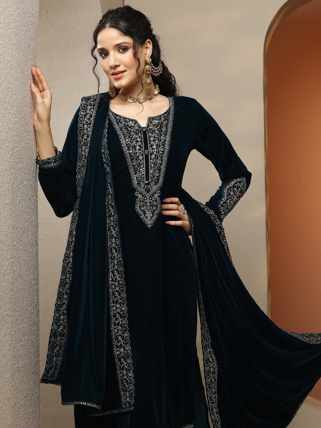  Libas Art Teal Embroidered Velvet Straight Suit Set With Dupatta 