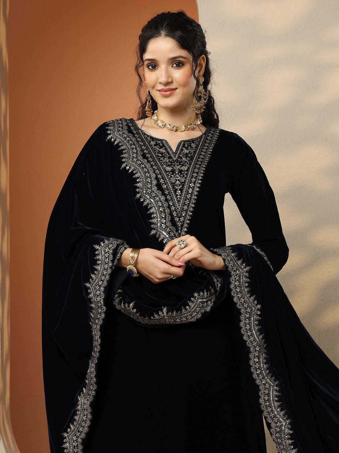 Libas Art Navy Blue Embroidered Velvet A-Line Suit Set With Dupatta 
