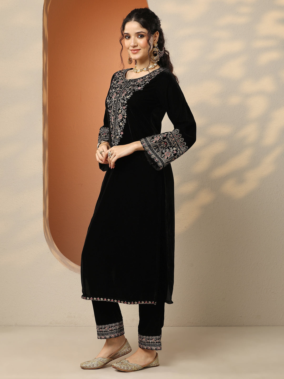  Libas Art Black Embroidered Velvet Straight Suit Set With Dupatta 