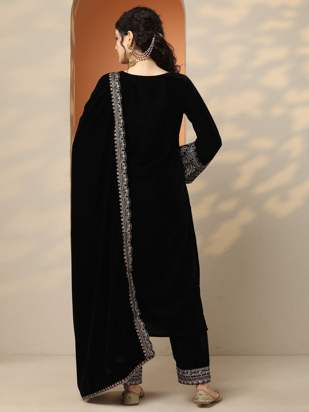  Libas Art Black Embroidered Velvet Straight Suit Set With Dupatta 