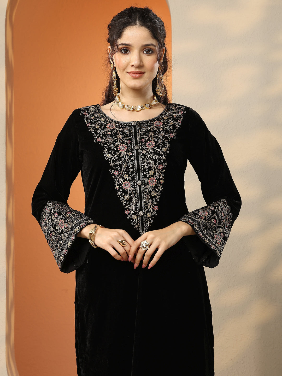  Libas Art Black Embroidered Velvet Straight Suit Set With Dupatta 