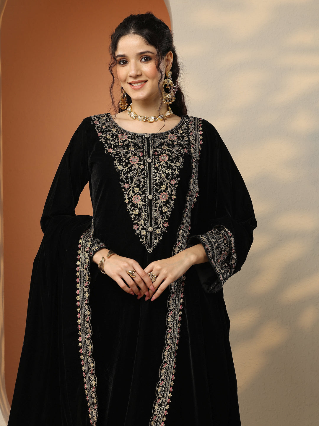  Libas Art Black Embroidered Velvet Straight Suit Set With Dupatta 
