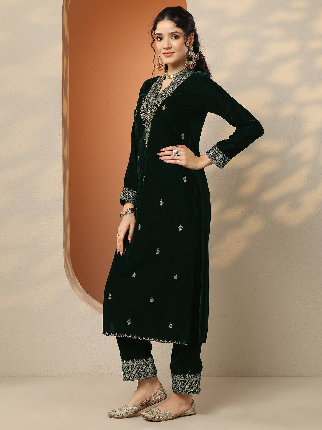  Libas Art Green Embroidered Velvet Straight Suit Set With Dupatta 
