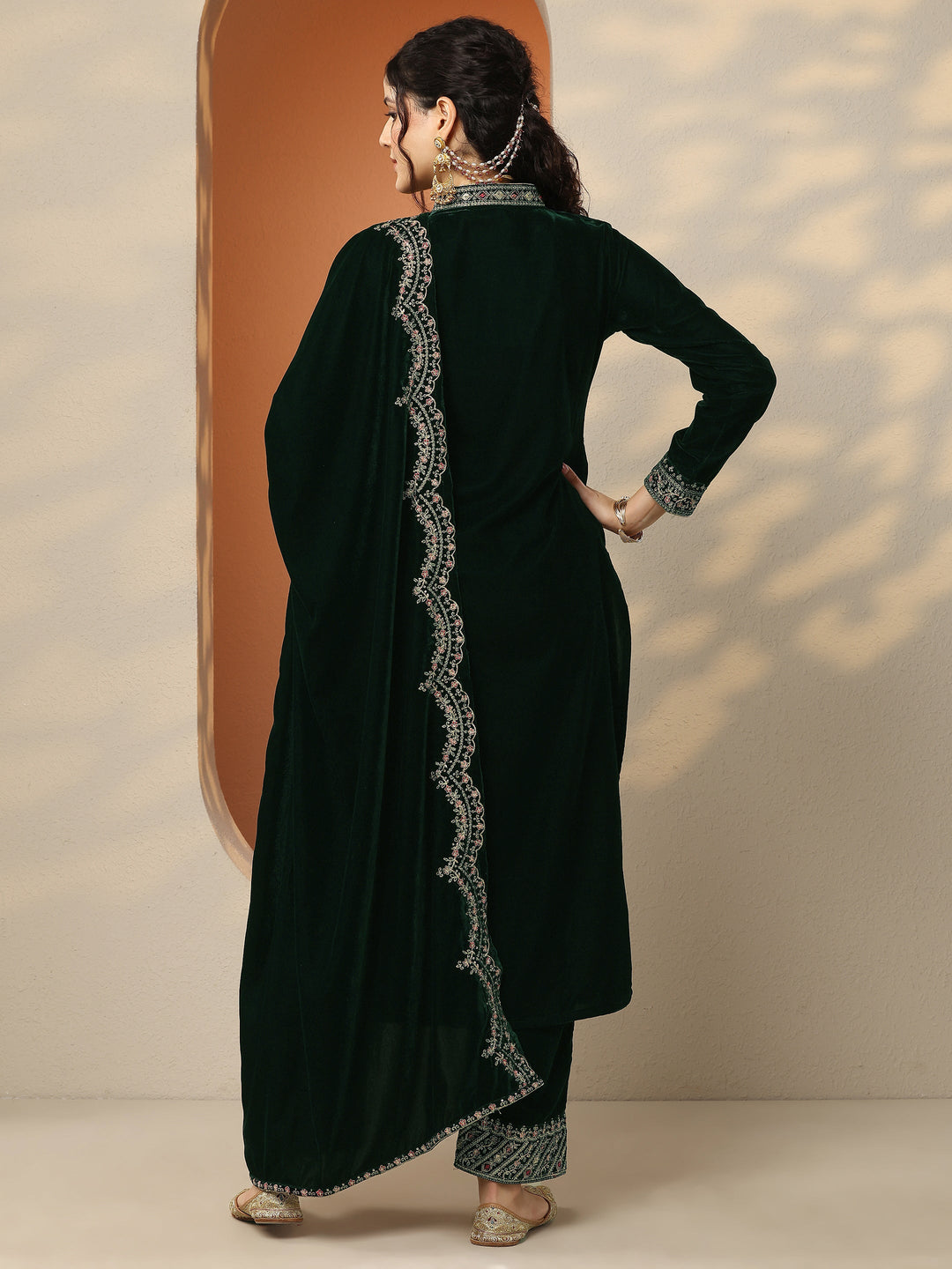  Libas Art Green Embroidered Velvet Straight Suit Set With Dupatta 
