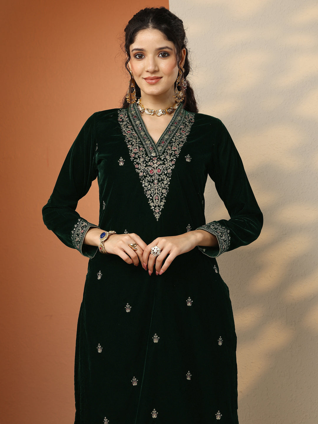  Libas Art Green Embroidered Velvet Straight Suit Set With Dupatta 