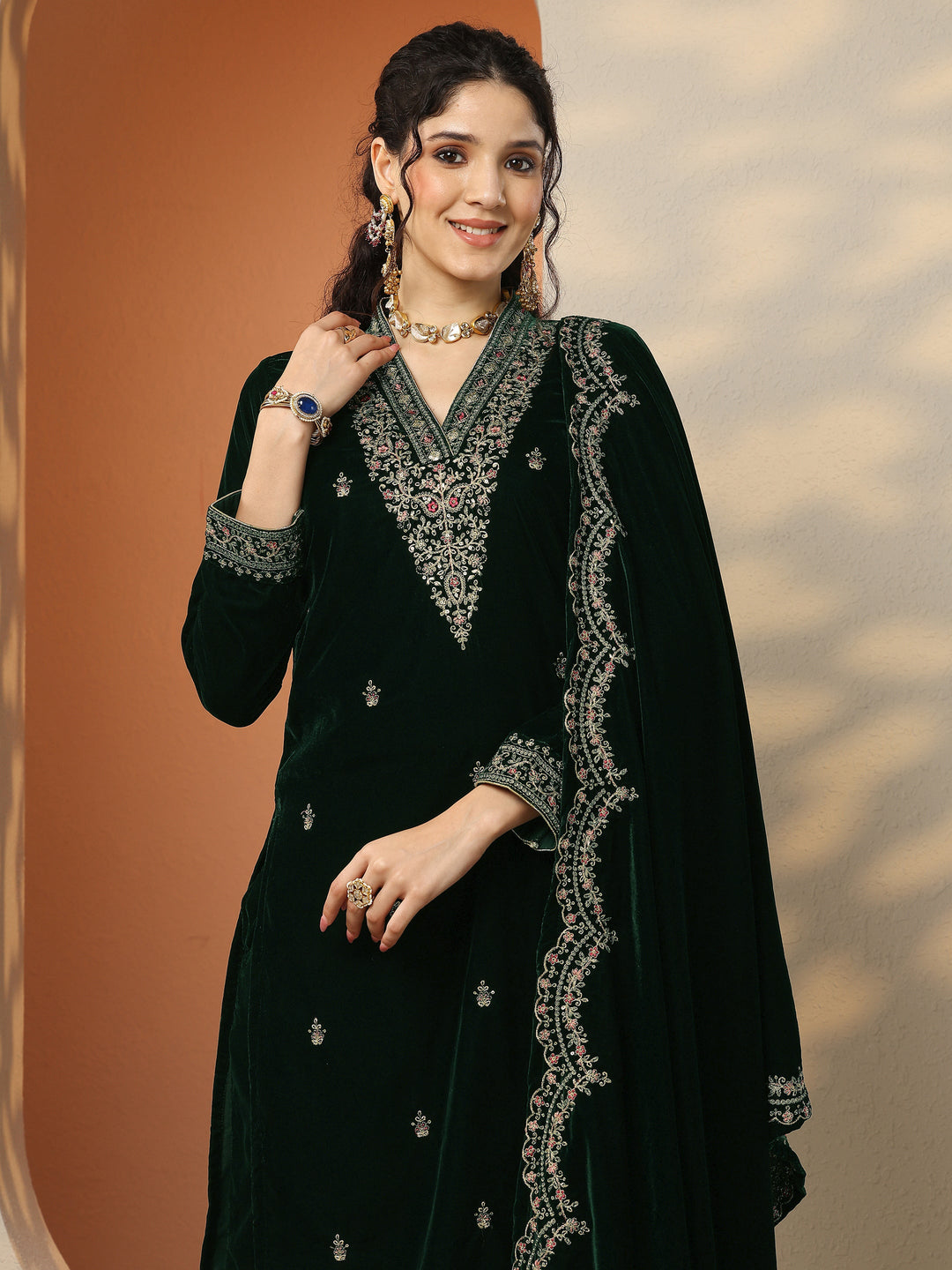  Libas Art Green Embroidered Velvet Straight Suit Set With Dupatta 