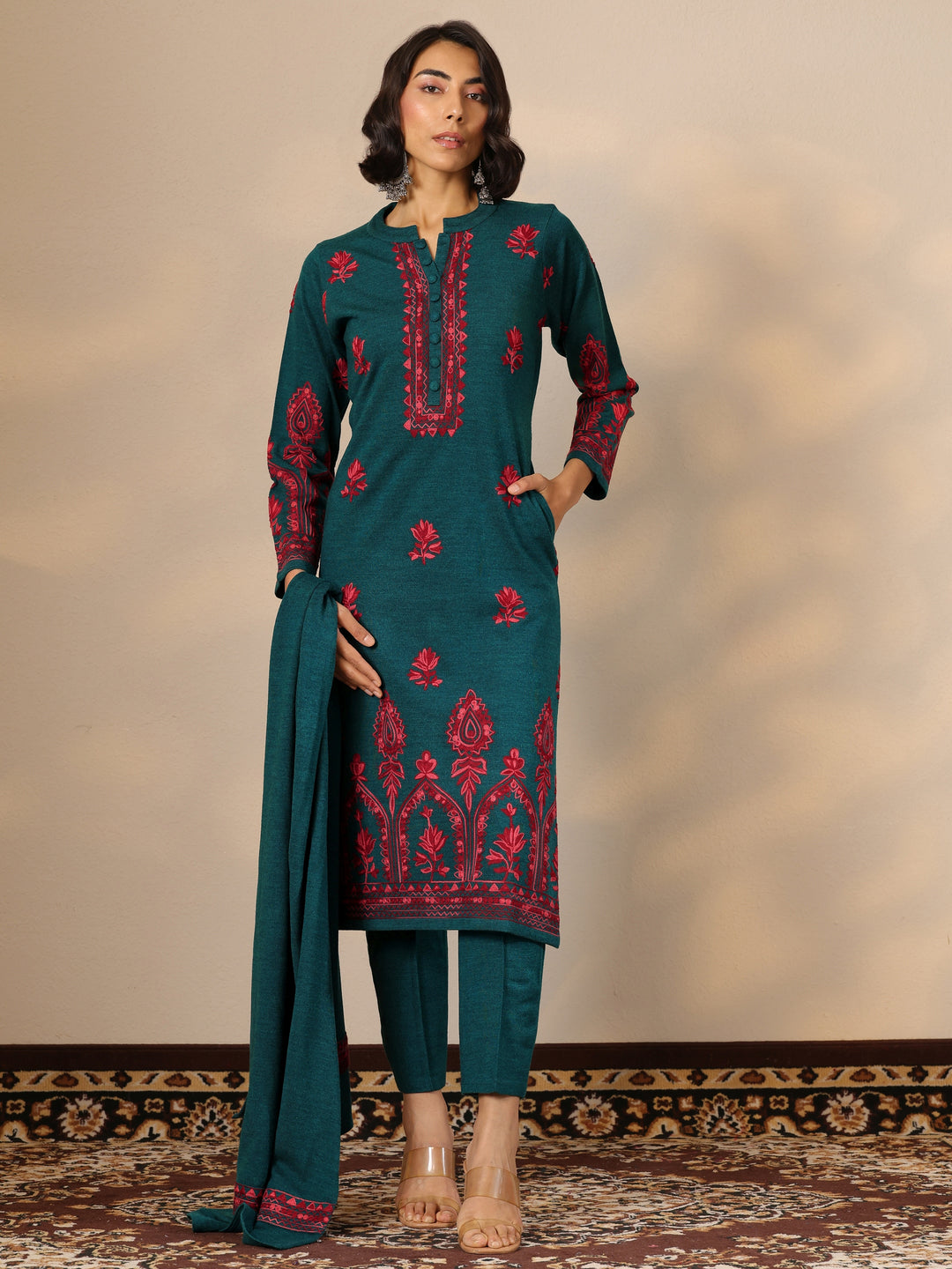  Green Embroidered Wool Straight Suit Set With Dupatta 