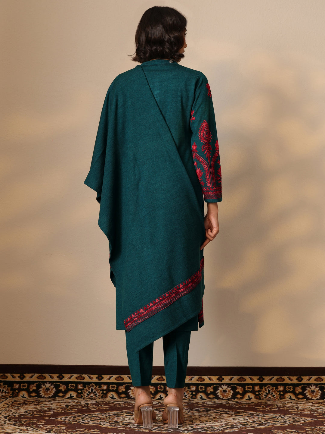  Green Embroidered Wool Straight Suit Set With Dupatta 