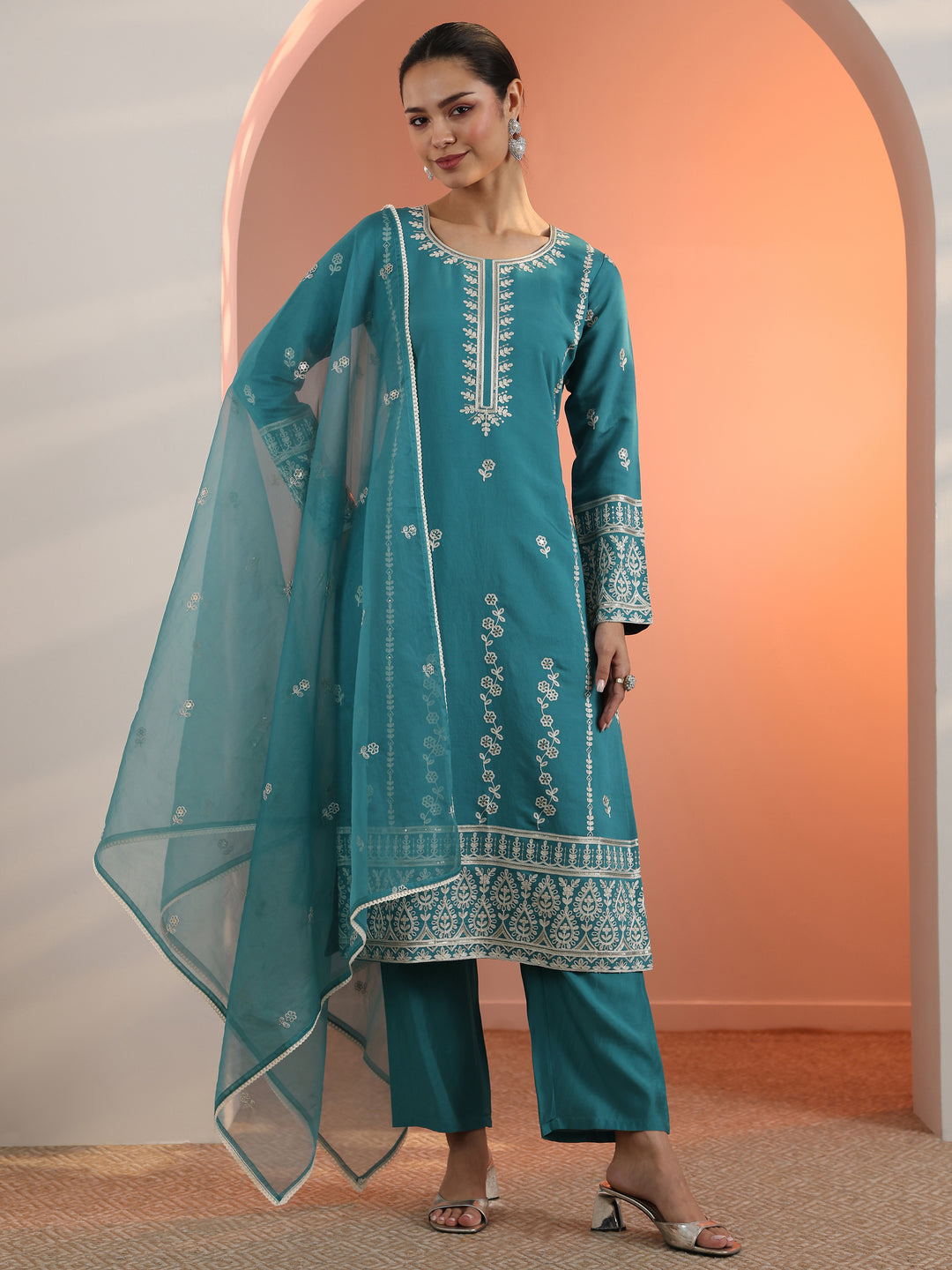Blue Embroidered Silk Blend Straight Suit Set With Dupatta