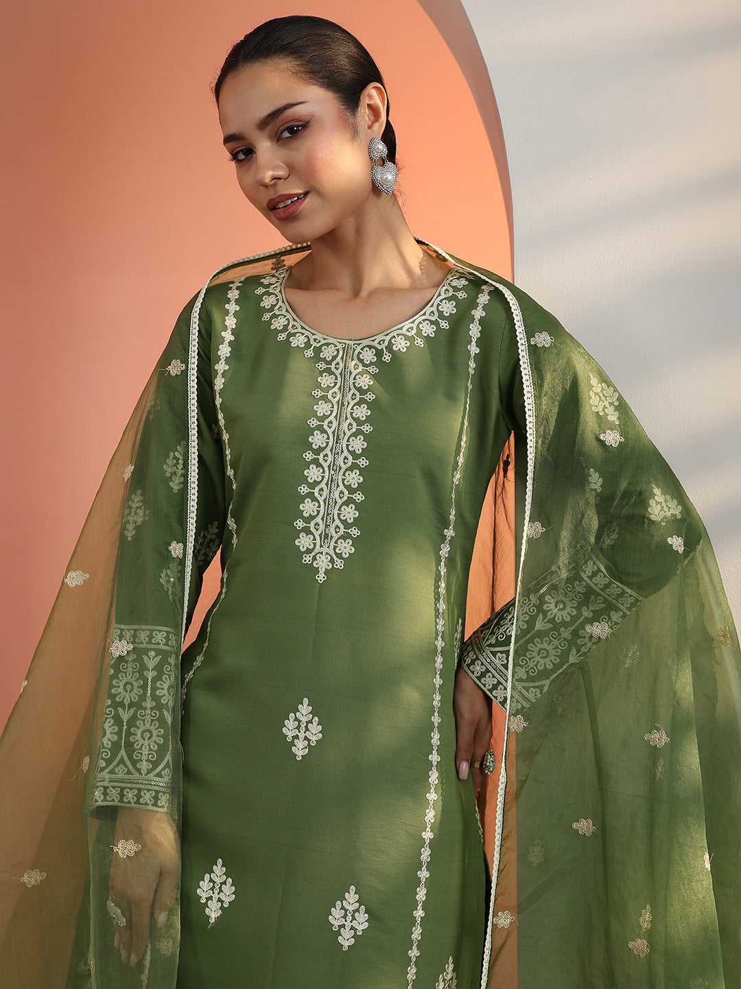 libas Green Embroidered Silk Blend Straight Suit Set With Dupatta-picture-37