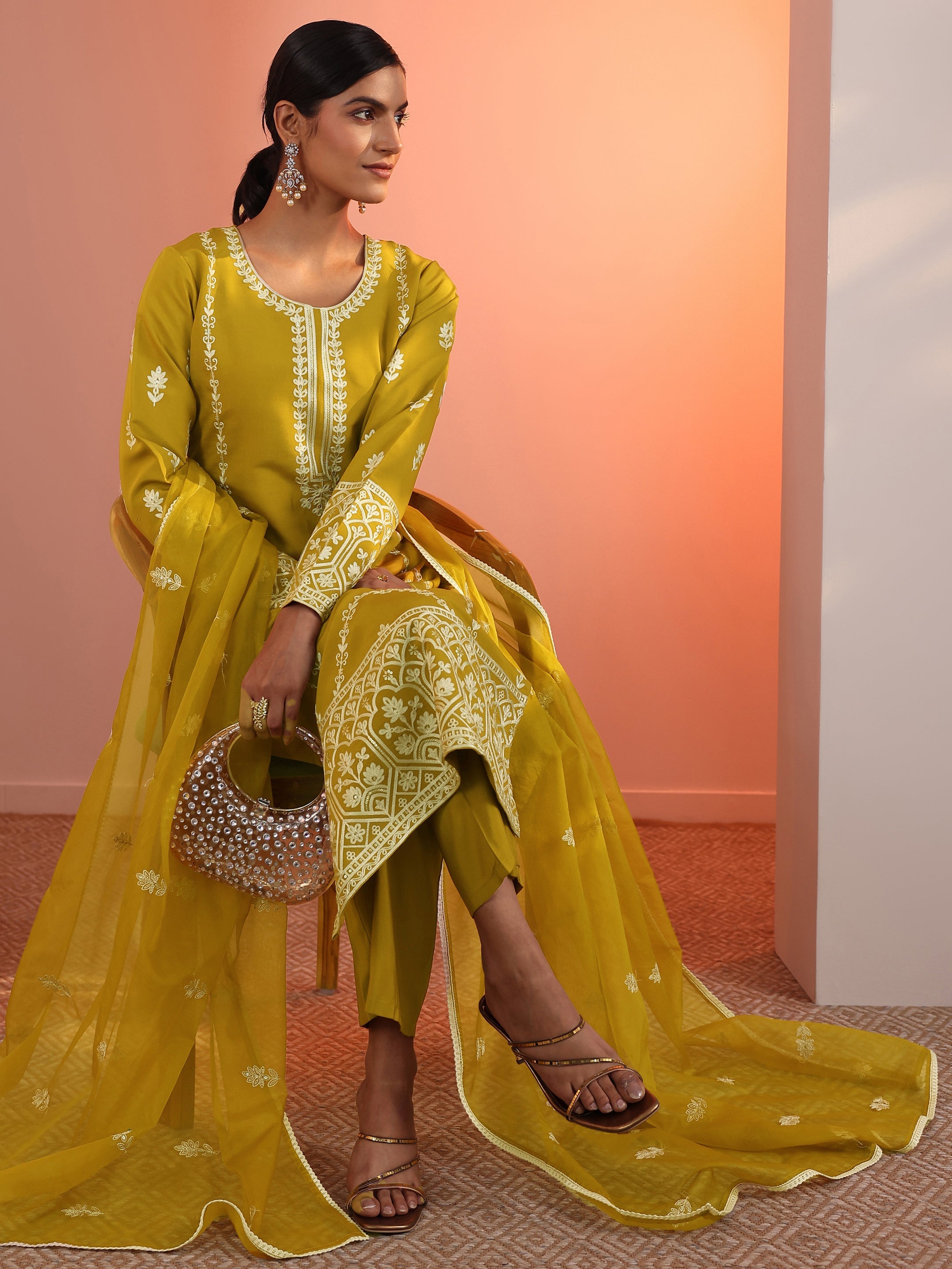 libas Mustard Embroidered Silk Blend Straight Suit Set With Dupatta-picture-35