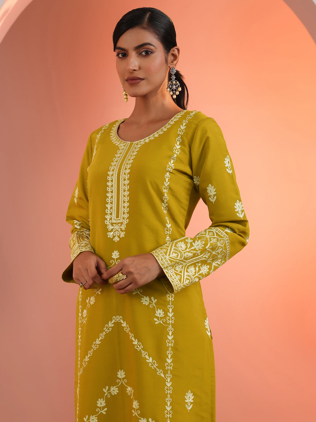  Mustard Embroidered Silk Blend Straight Suit Set With Dupatta 