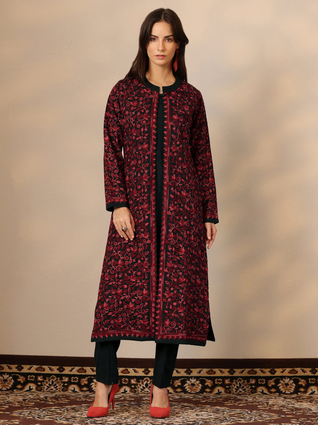  Red Embroidered Wool Straight Kurta Set 