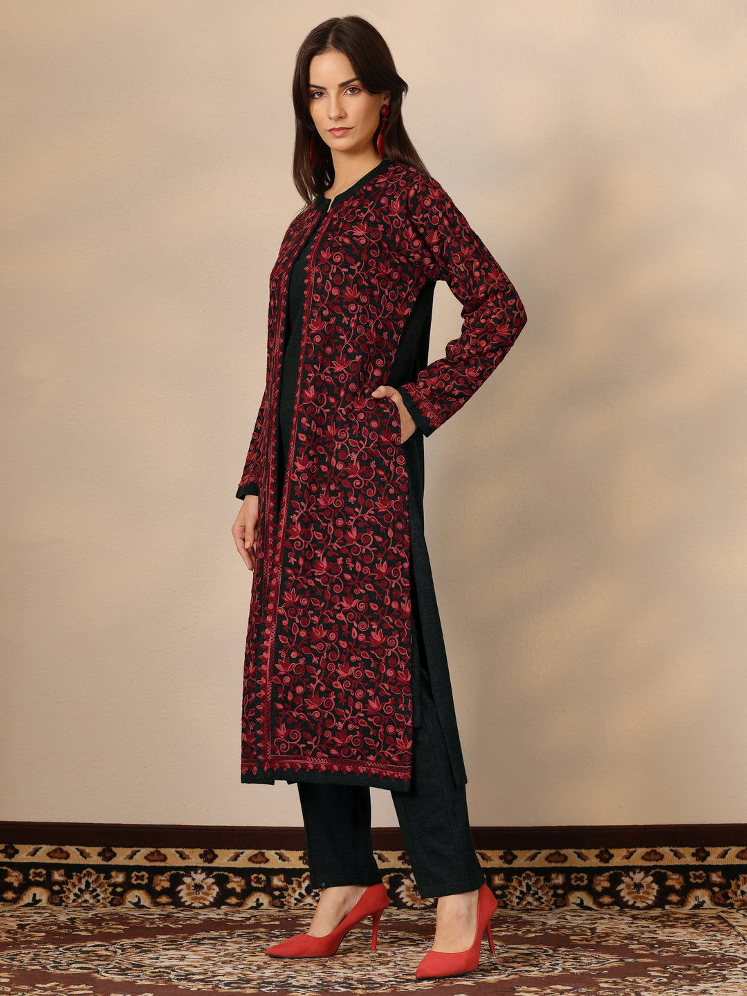  Red Embroidered Wool Straight Kurta Set 