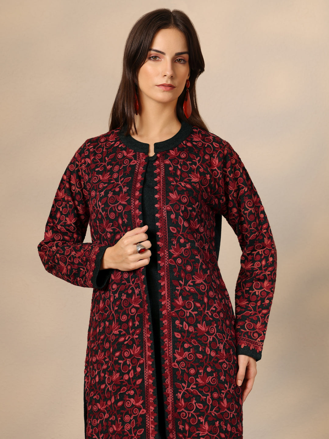  Red Embroidered Wool Straight Kurta Set 