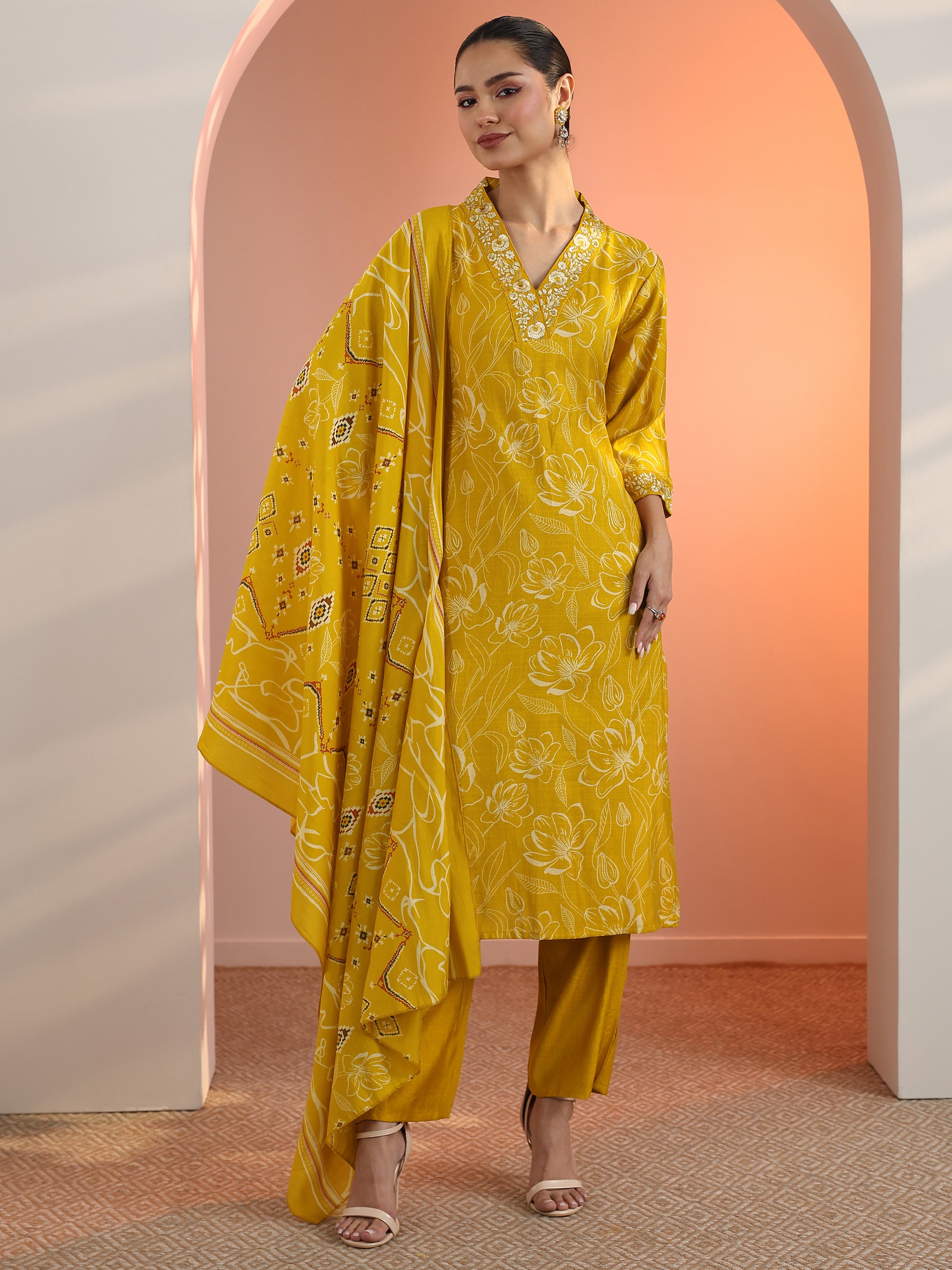 libas Mustard Printed Silk Blend Straight Suit Set With Dupatta-picture-47
