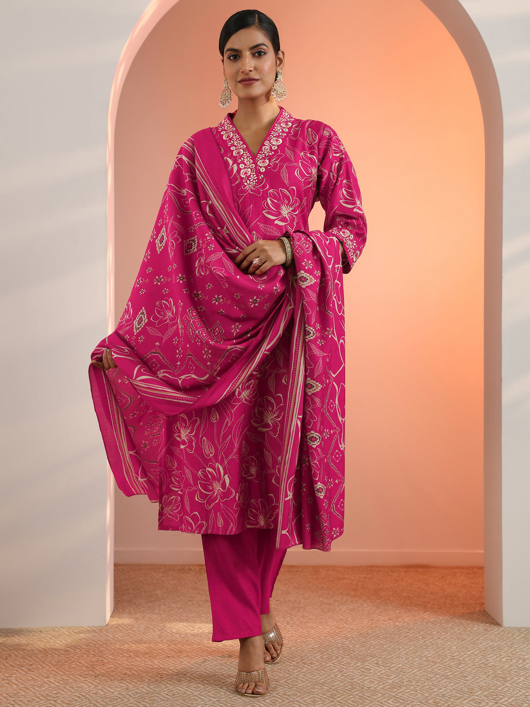  Pink Printed Silk Blend Straight Suit Set With Dupatta 