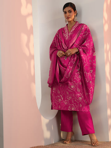 Pink Printed Silk Blend Straight Suit Set With Dupatta