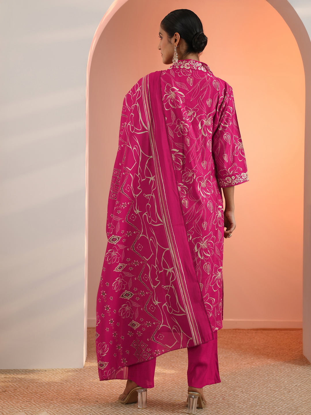  Pink Printed Silk Blend Straight Suit Set With Dupatta 