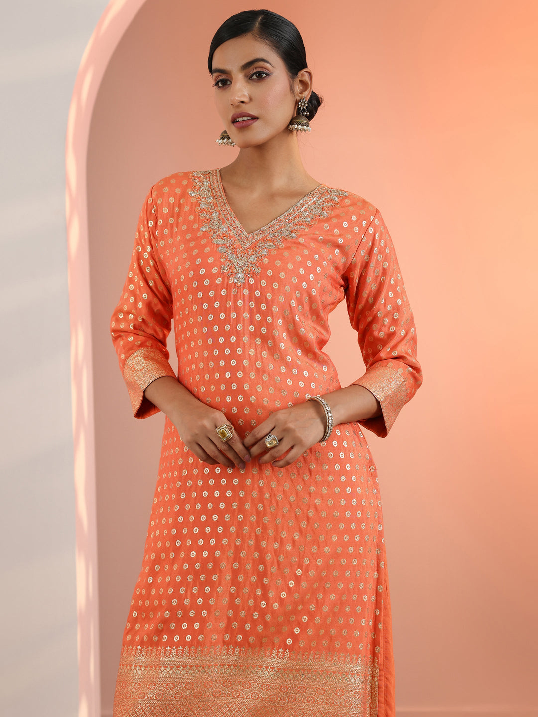  Orange Woven Design Muslin Straight Suit Set With Dupatta 