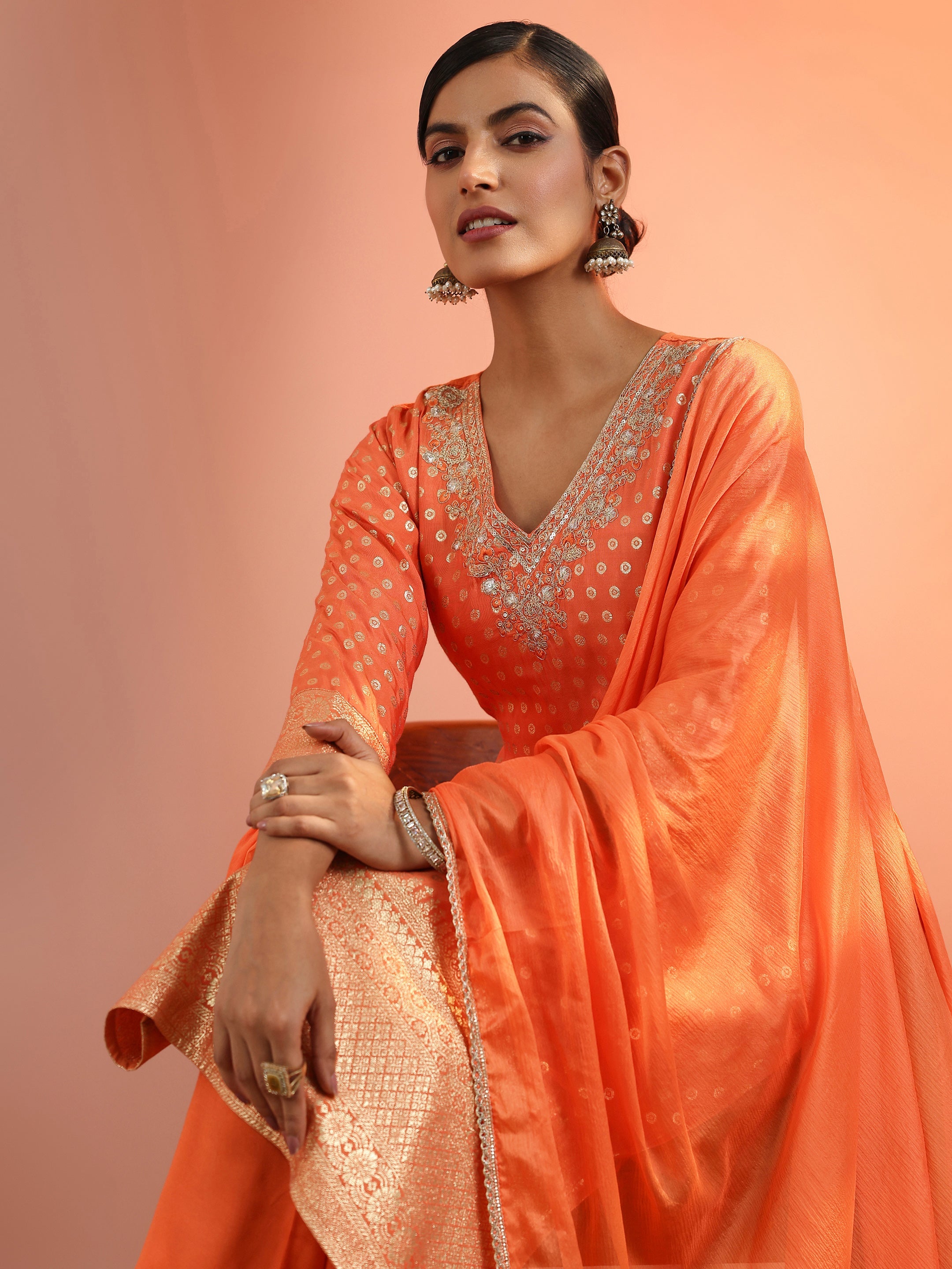 libas Orange Woven Design Muslin Straight Suit Set With Dupatta-picture-30