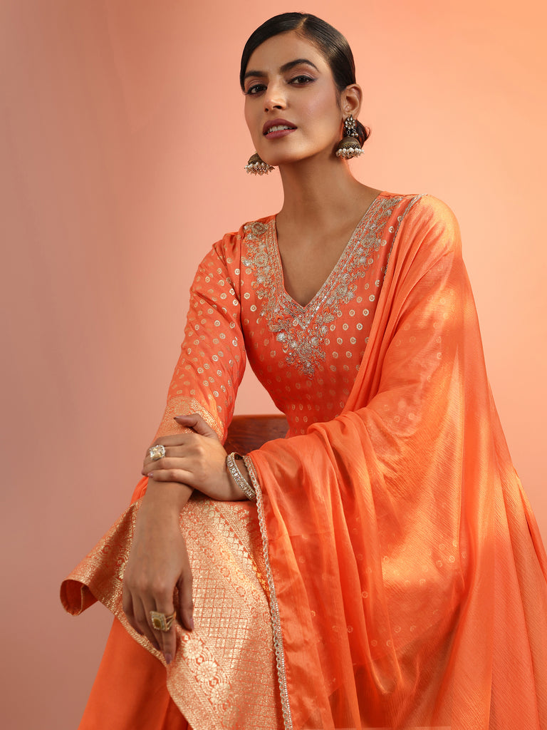 Libas Orange Woven Design Silk Blend Straight Suit Set With Dupatta