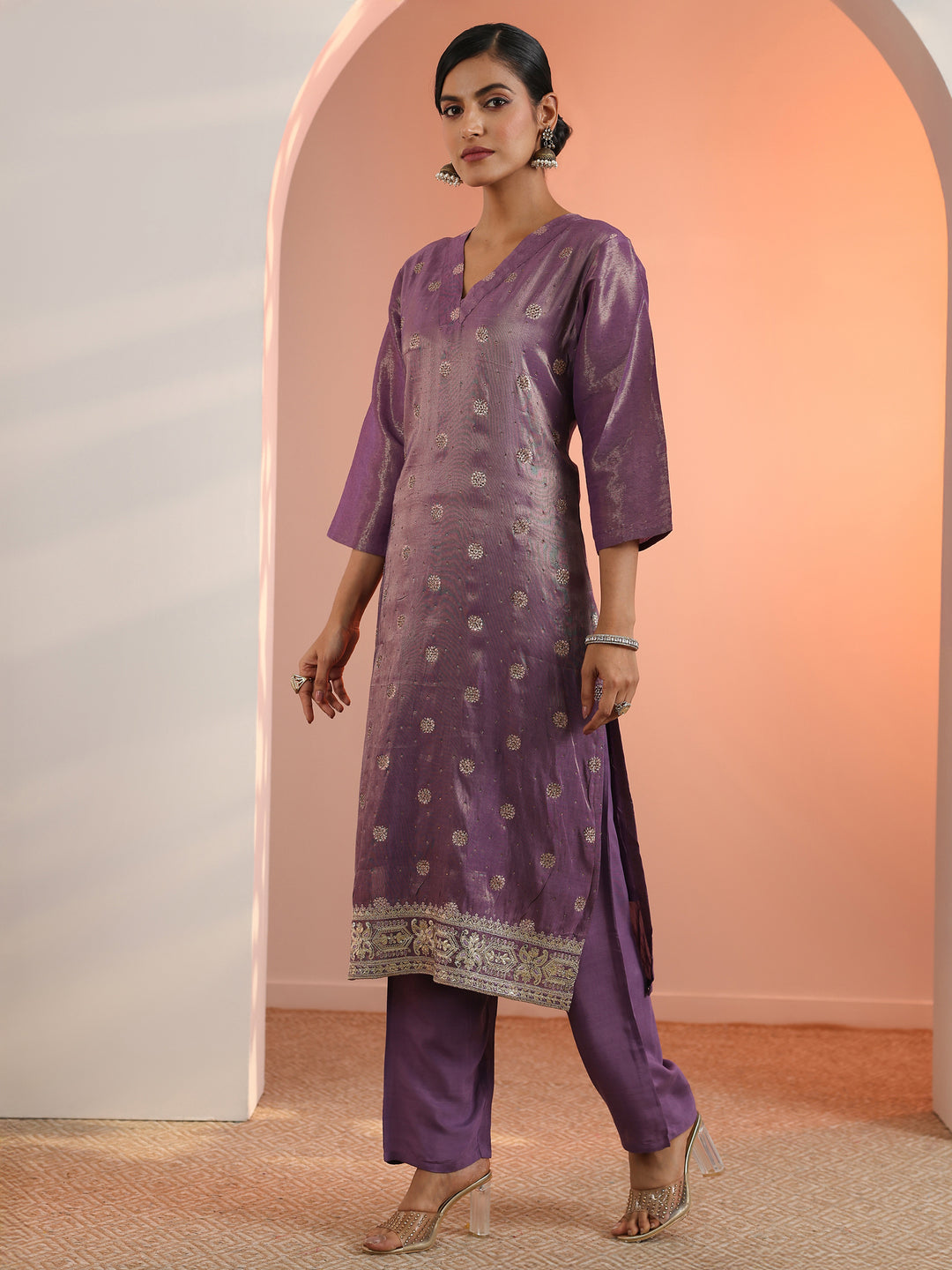  Mauve Woven Design Silk Blend Straight Suit Set With Dupatta 