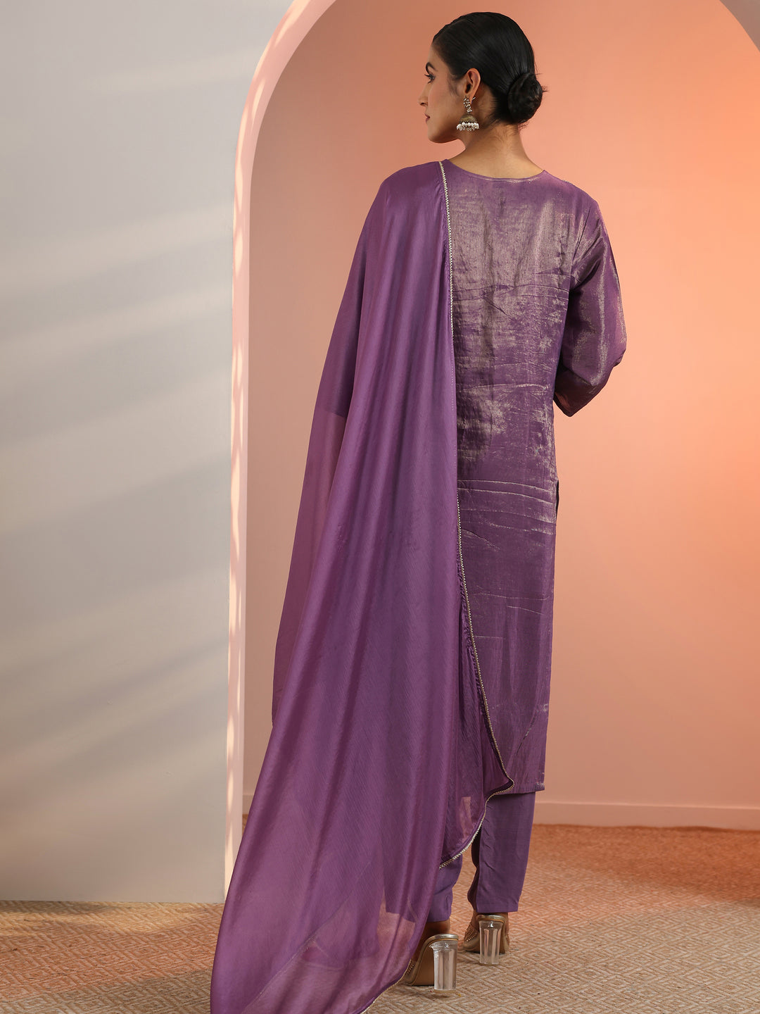  Mauve Woven Design Silk Blend Straight Suit Set With Dupatta 
