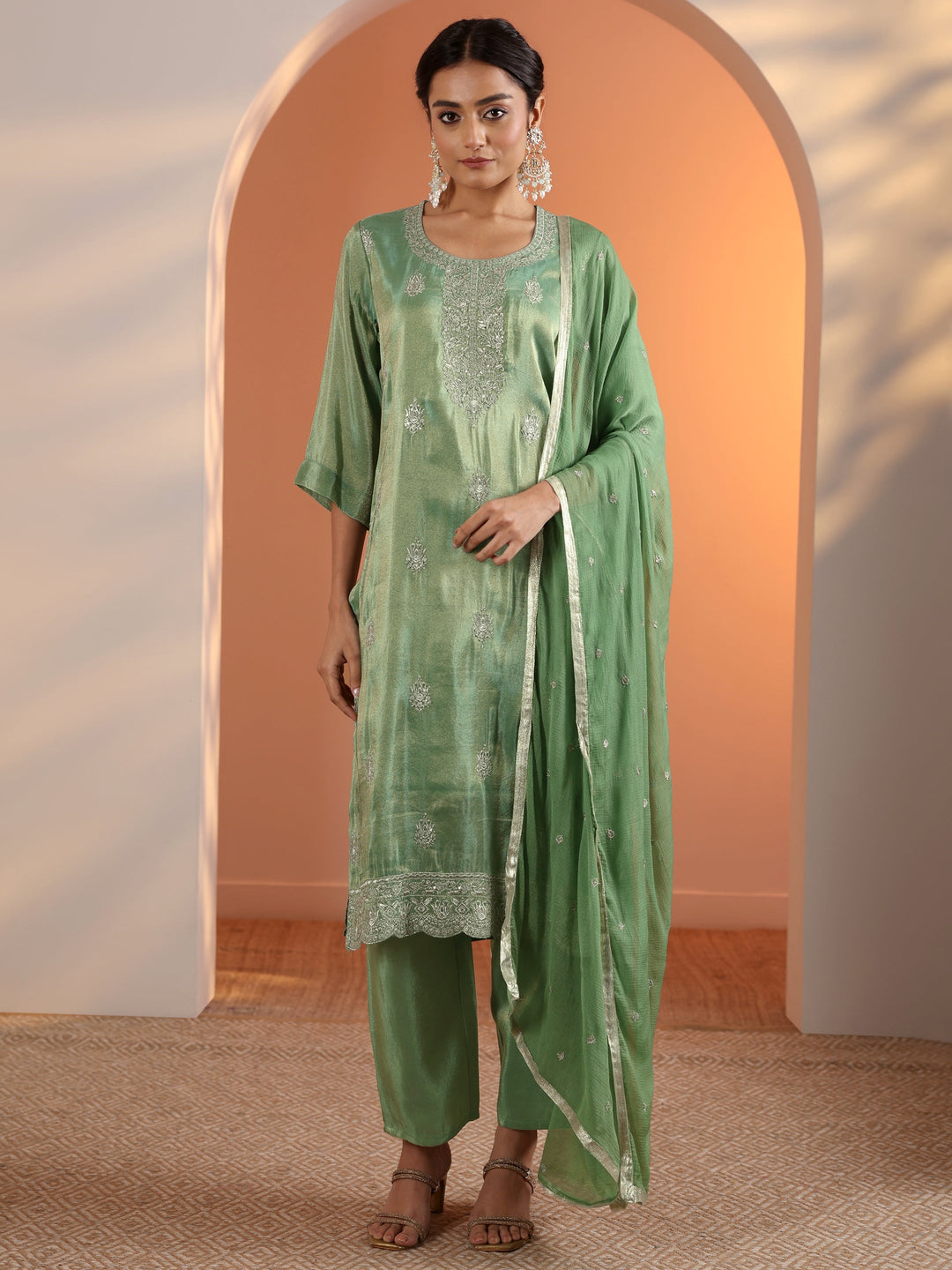  Green Embroidered Silk Blend Straight-Fit Suit Set With Dupatta 