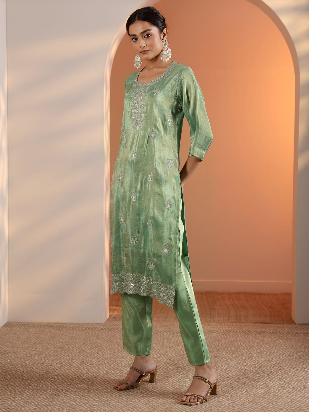  Green Embroidered Silk Blend Straight-Fit Suit Set With Dupatta 