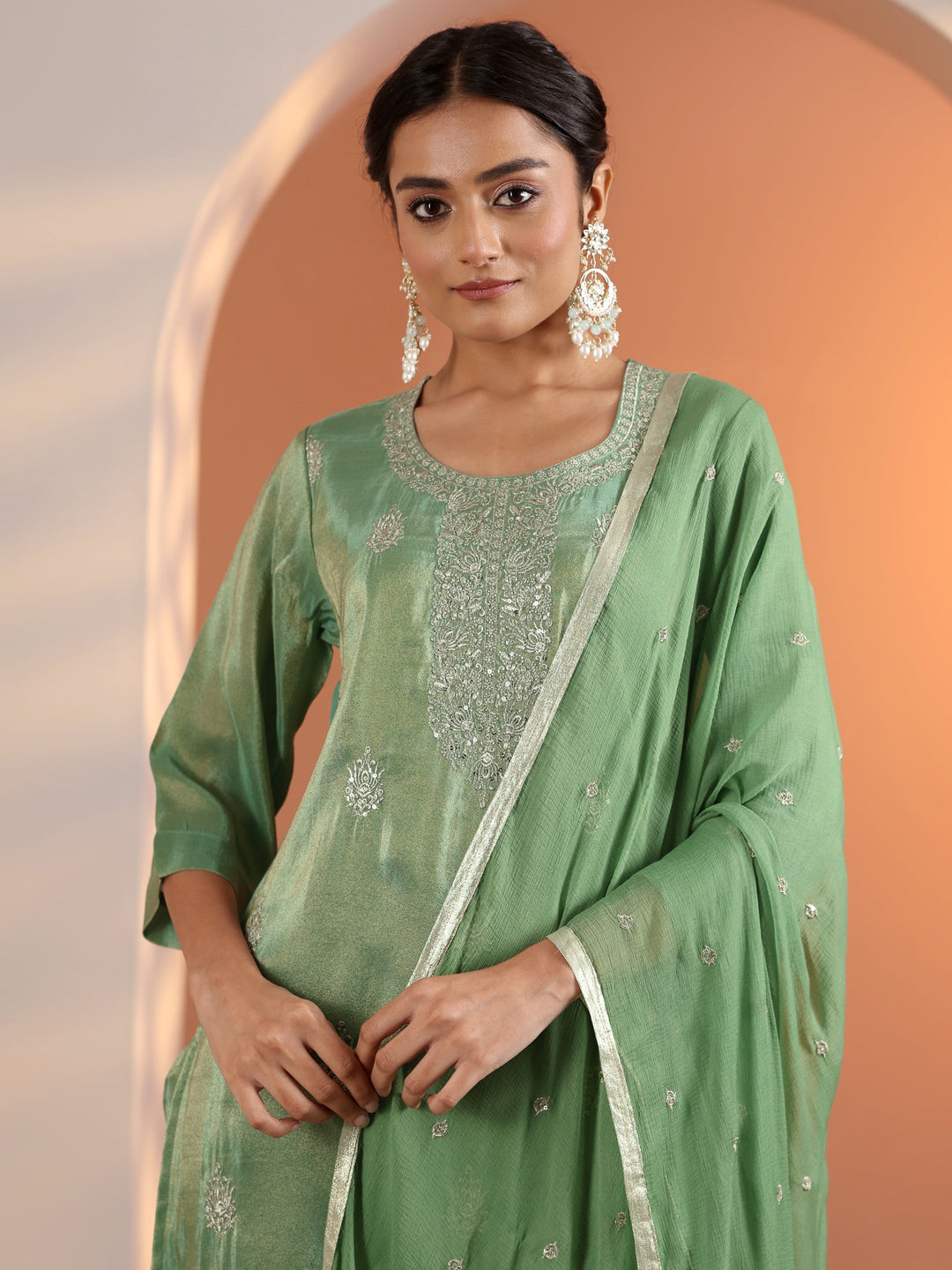  Green Embroidered Silk Blend Straight-Fit Suit Set With Dupatta 