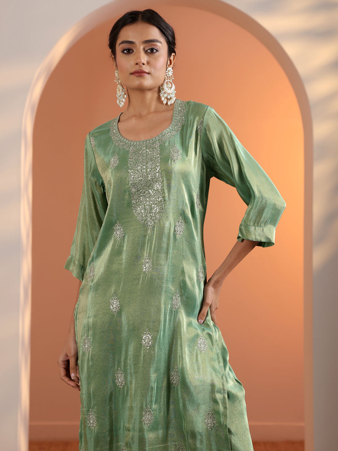  Green Embroidered Silk Blend Straight-Fit Suit Set With Dupatta 