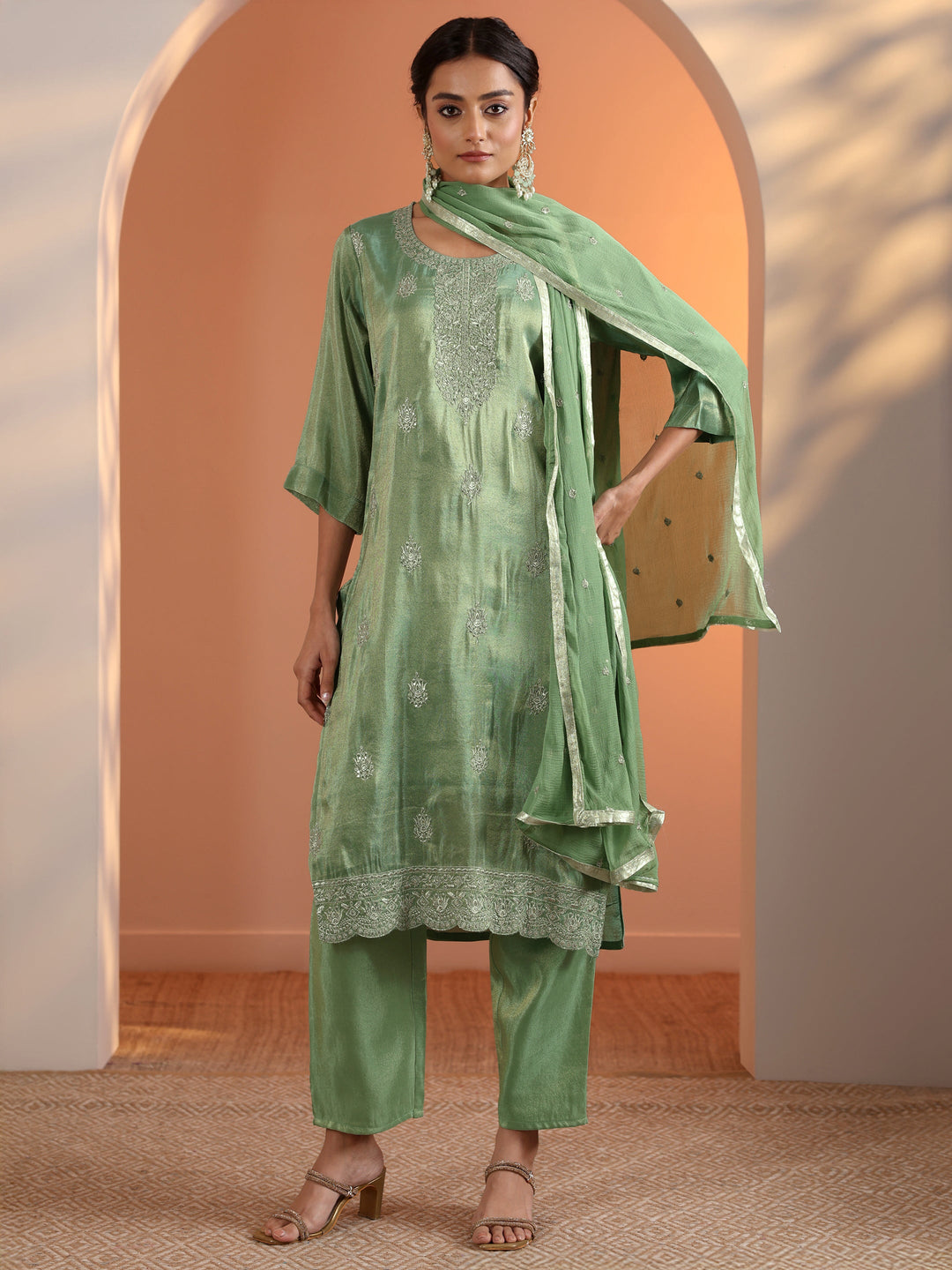  Green Embroidered Silk Blend Straight-Fit Suit Set With Dupatta 
