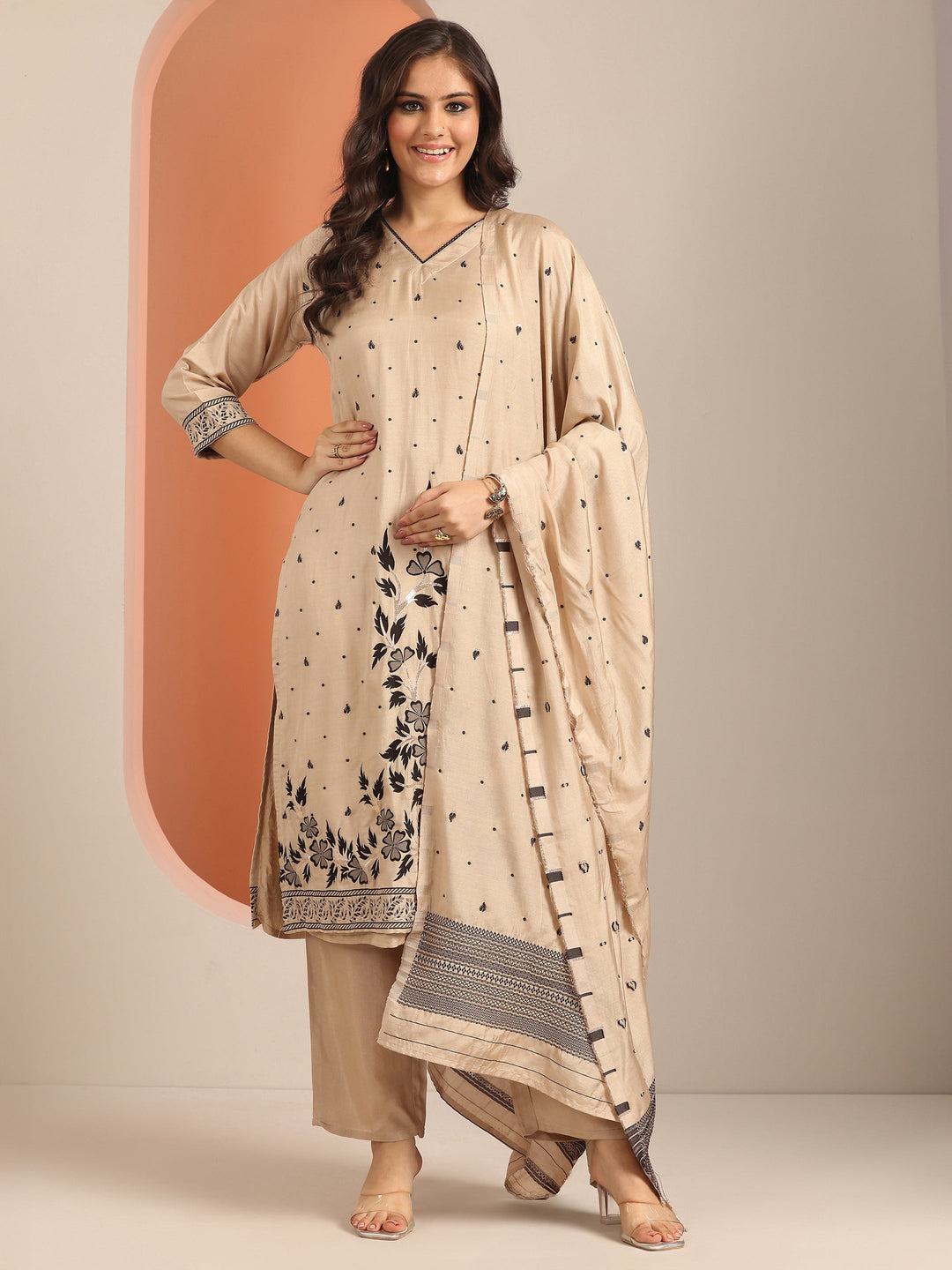  Beige Woven Design Muslin Straight Suit Set With Dupatta 