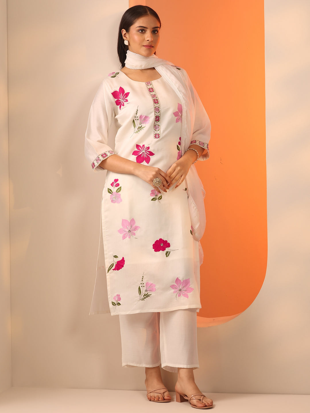 White Embroidered Silk Blend Straight Suit Set With Dupatta