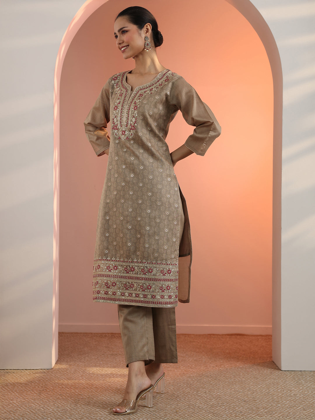  Tan Embroidered Silk Blend Straight Suit Set With Dupatta 