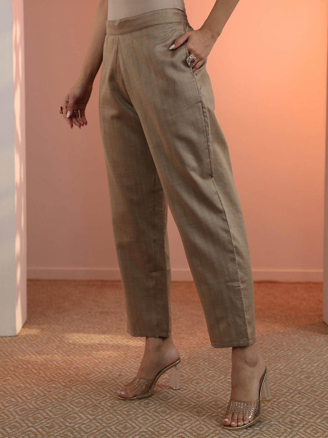  Tan Embroidered Silk Blend Straight Suit Set With Dupatta 