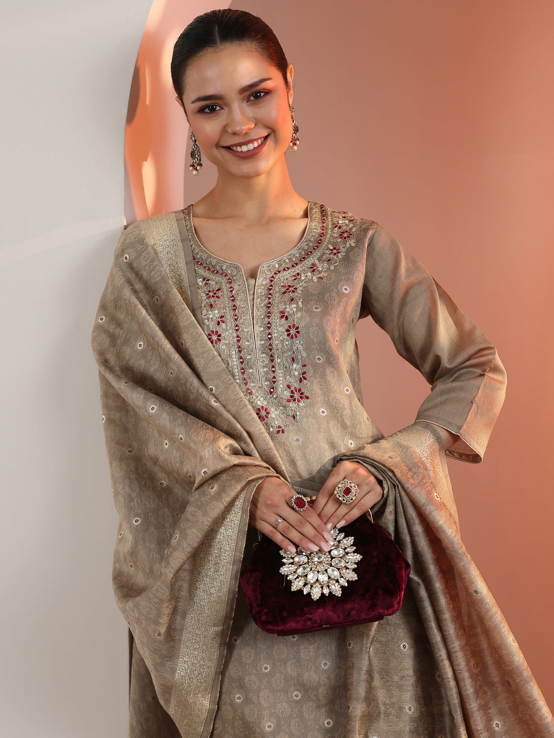 Tan Embroidered Silk Blend Straight Suit Set With Dupatta