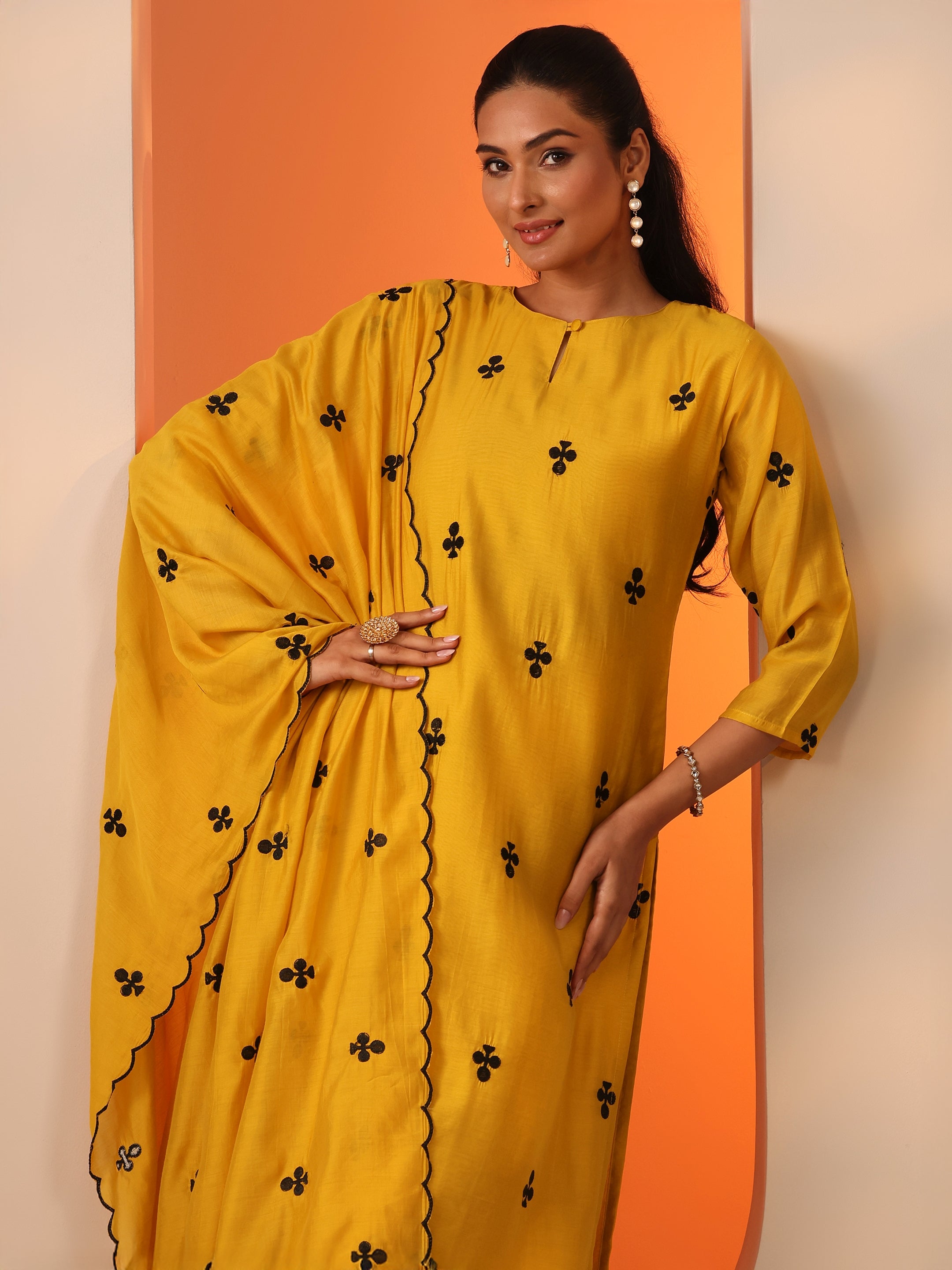 libas Mustard Embroidered Cotton Blend Straight Suit Set With Dupatta-picture-45