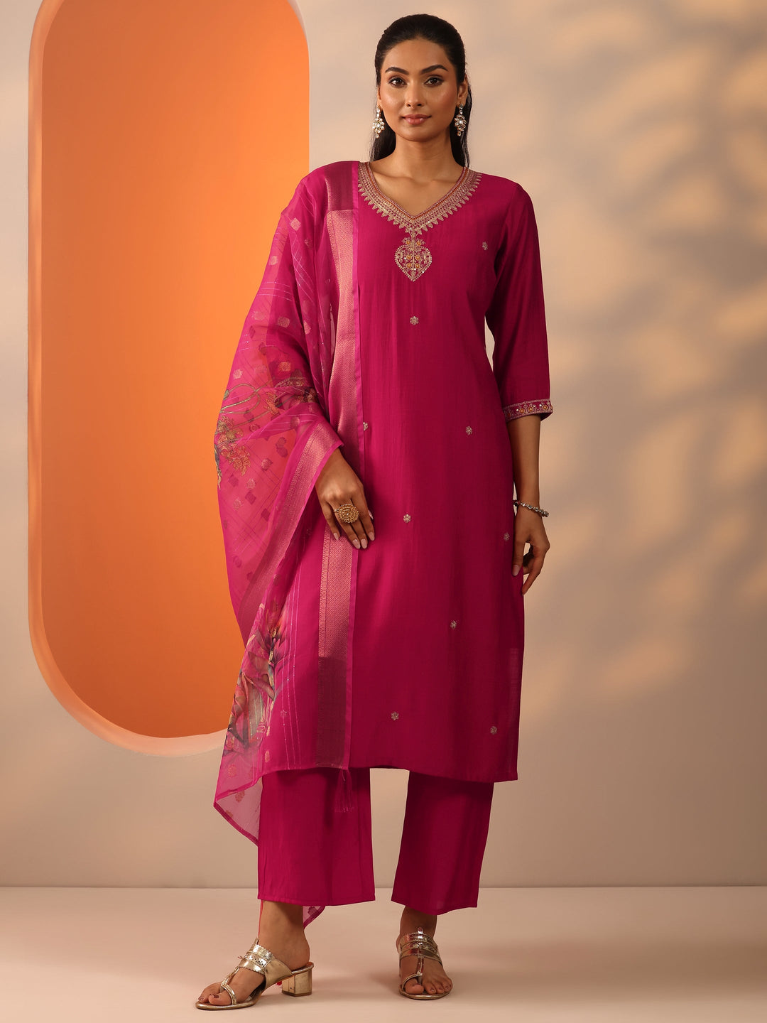  Pink Embroidered Silk Blend Straight Suit Set With Dupatta 