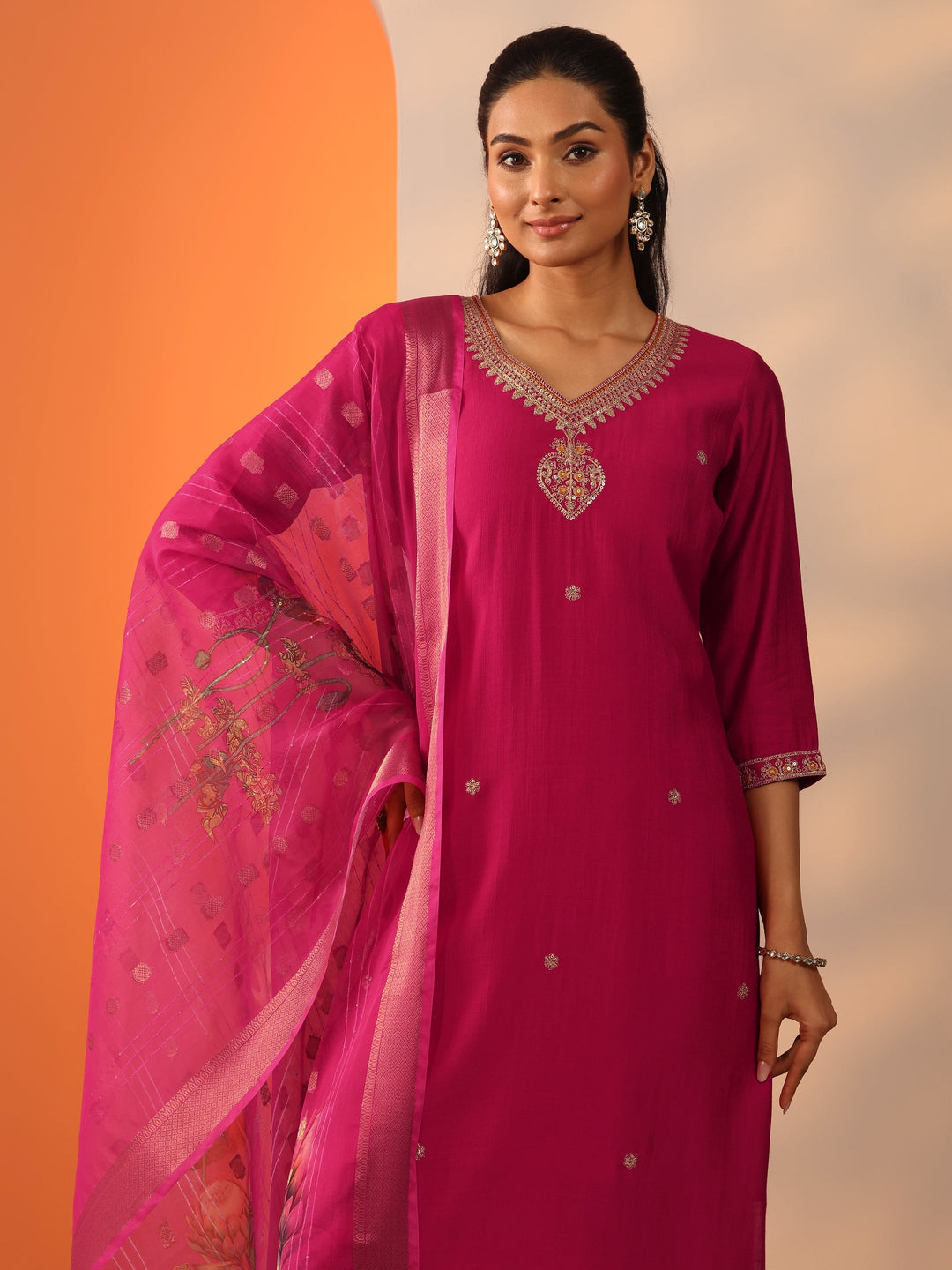  Pink Embroidered Silk Blend Straight Suit Set With Dupatta 