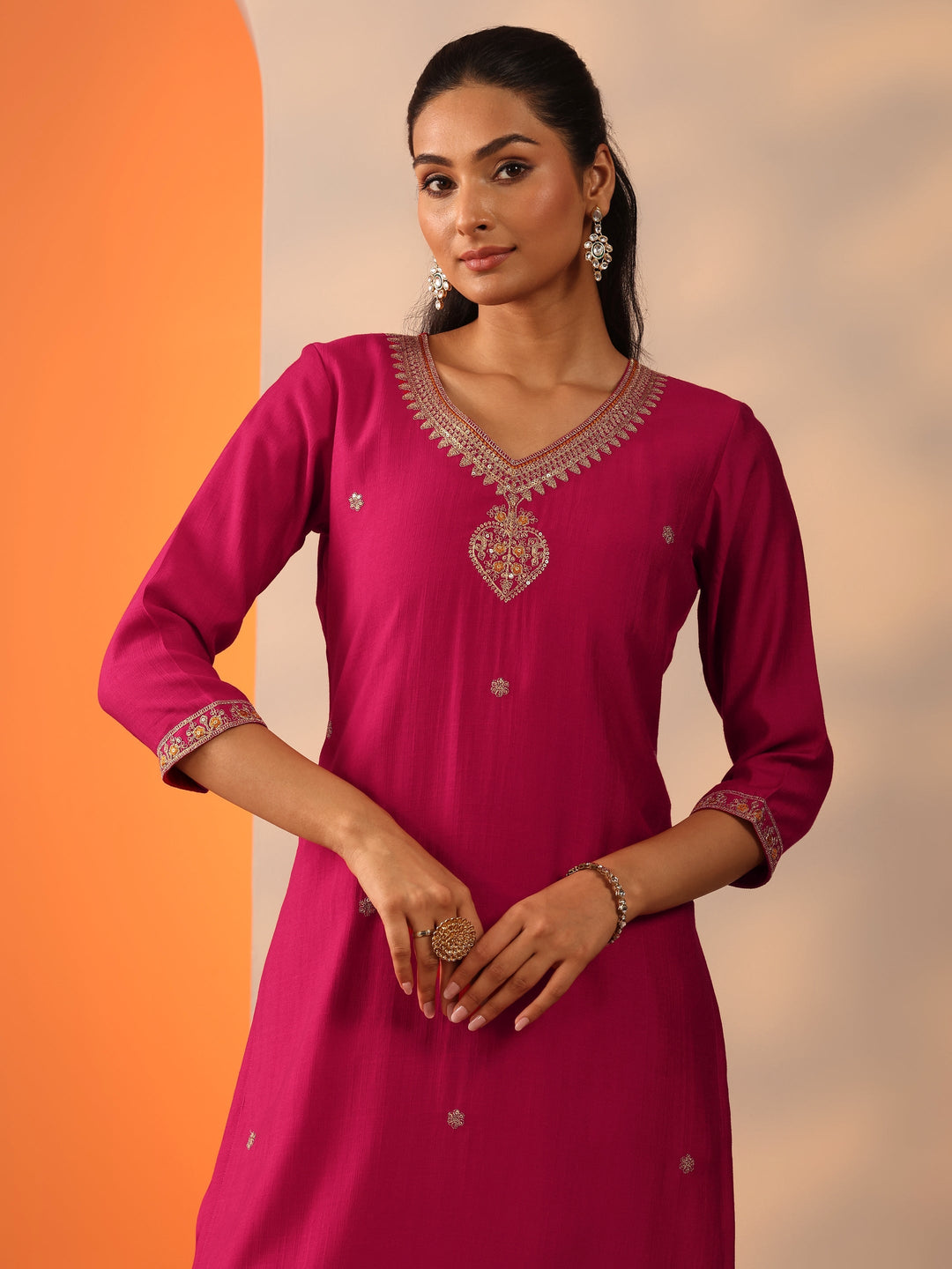  Pink Embroidered Silk Blend Straight Suit Set With Dupatta 