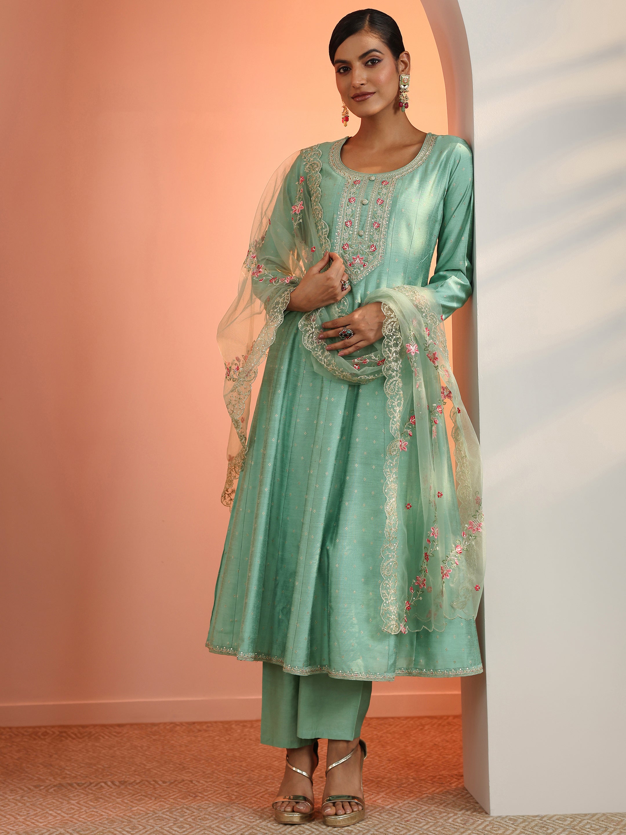 Sea Green Embroidered Silk Blend A-Line Suit Set With Dupatta-image-37