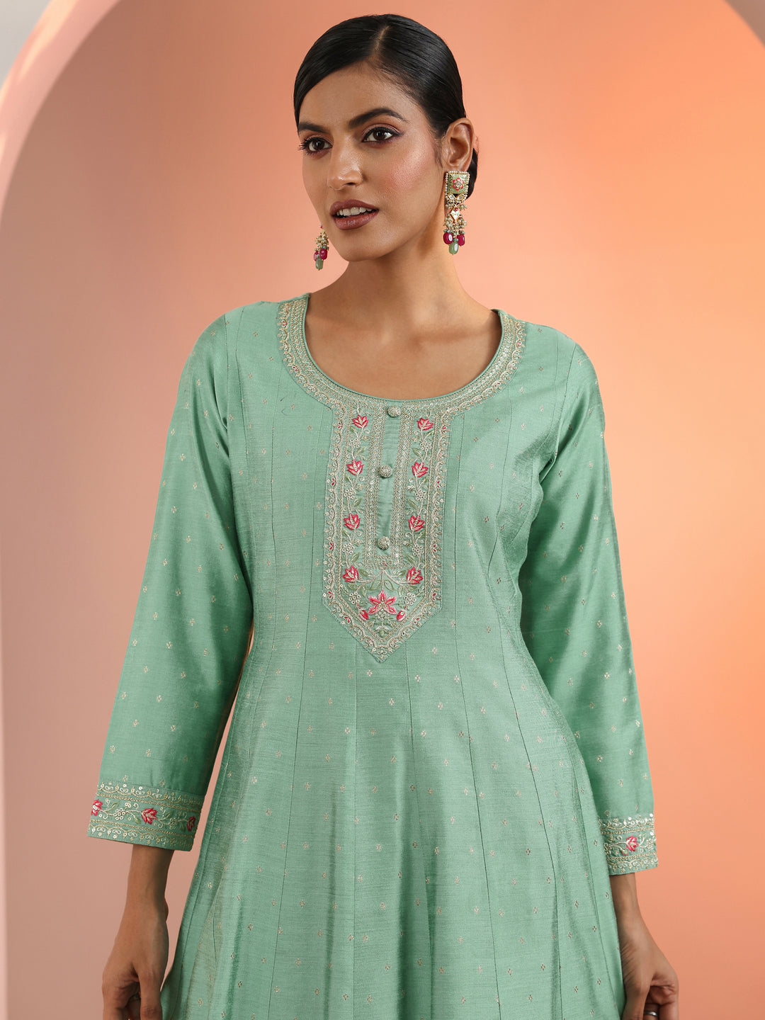  Sea Green Embroidered Silk Blend A-Line Suit Set With Dupatta 