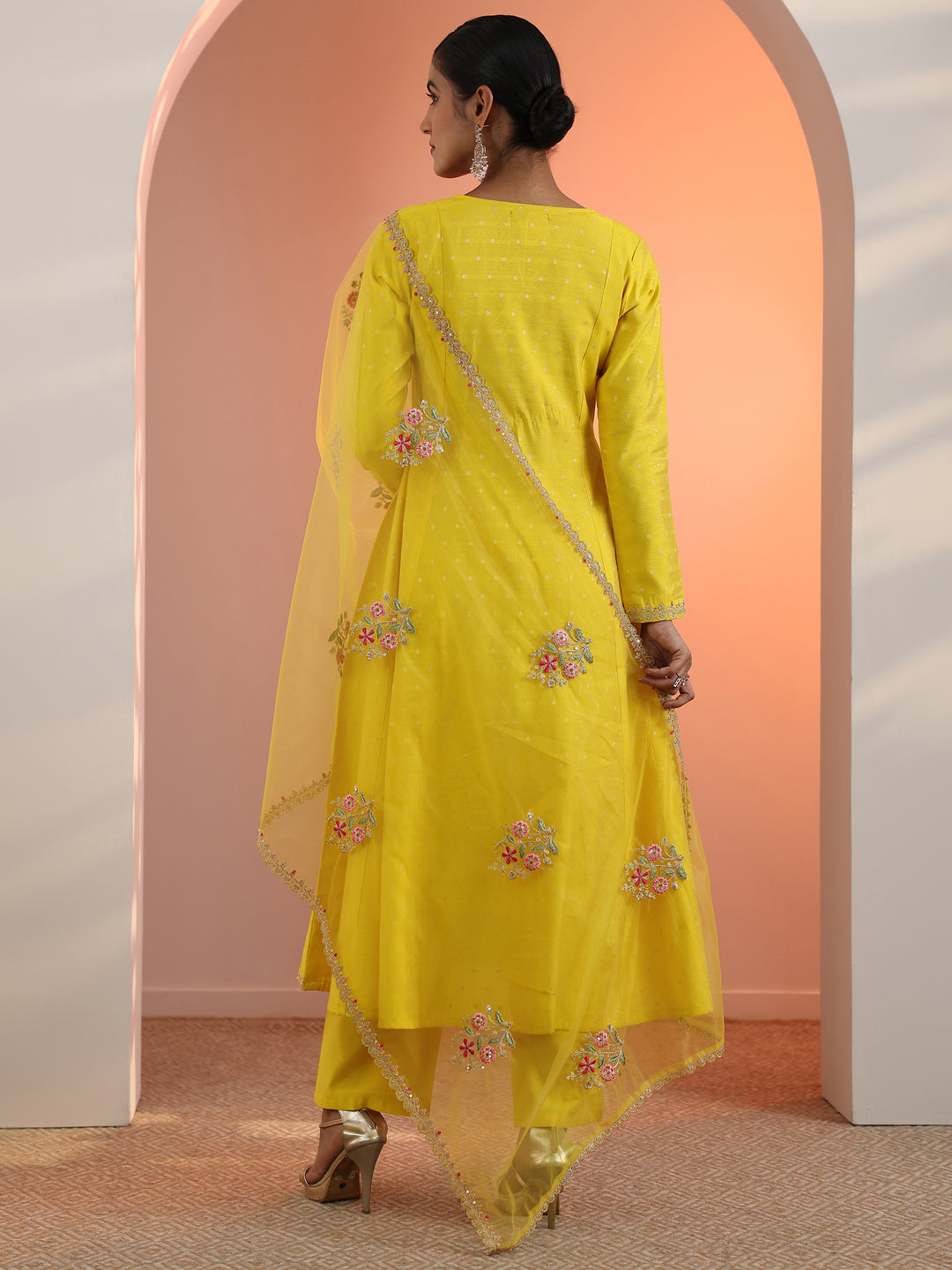  Yellow Embroidered Silk Blend A-Line Suit Set With Dupatta 