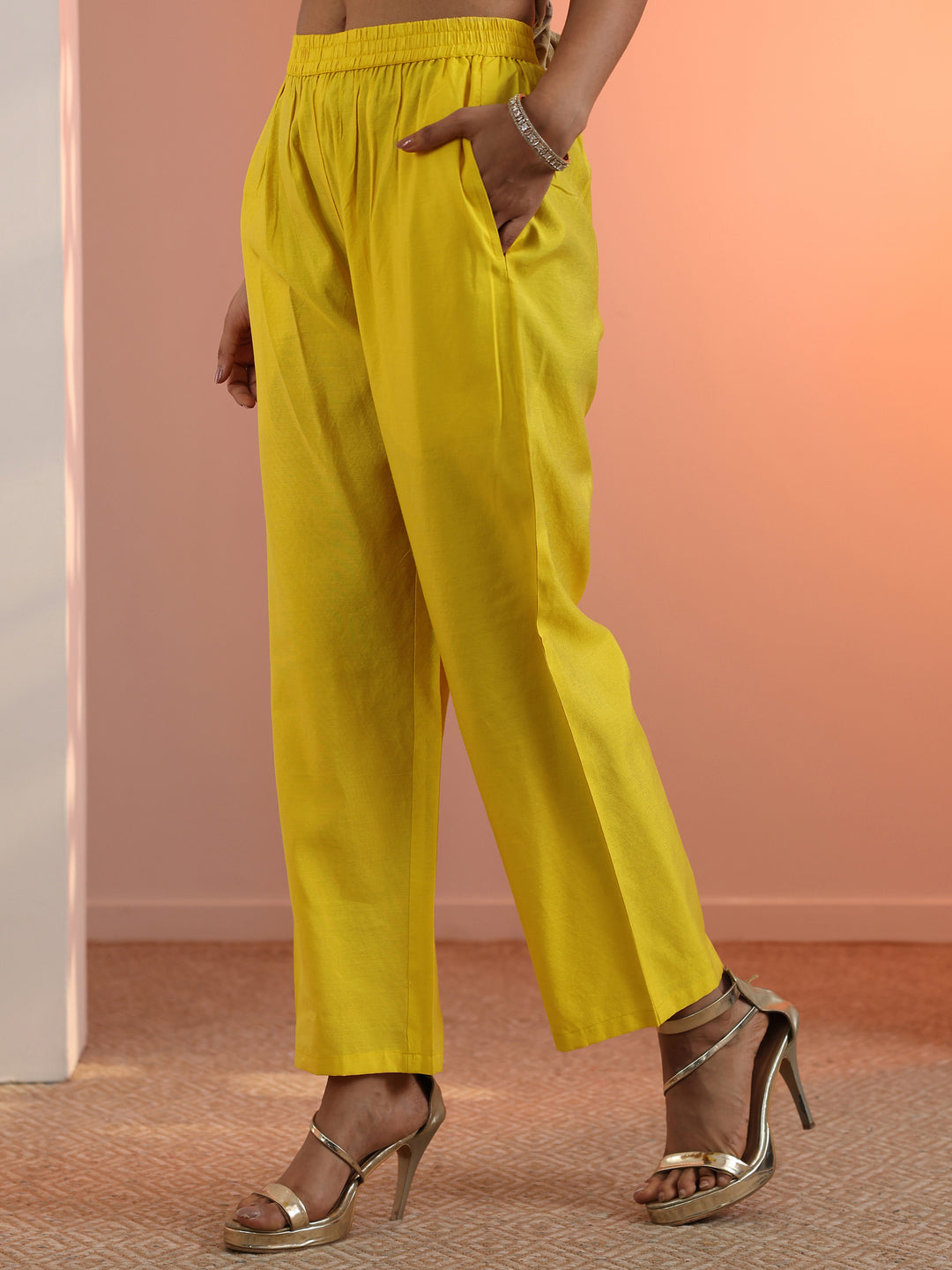  Yellow Embroidered Silk Blend A-Line Suit Set With Dupatta 