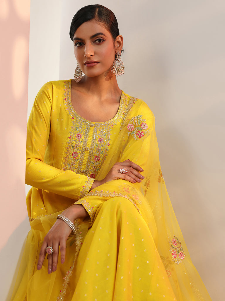 Libas Yellow Embroidered Silk Blend A-Line Suit Set With Dupatta