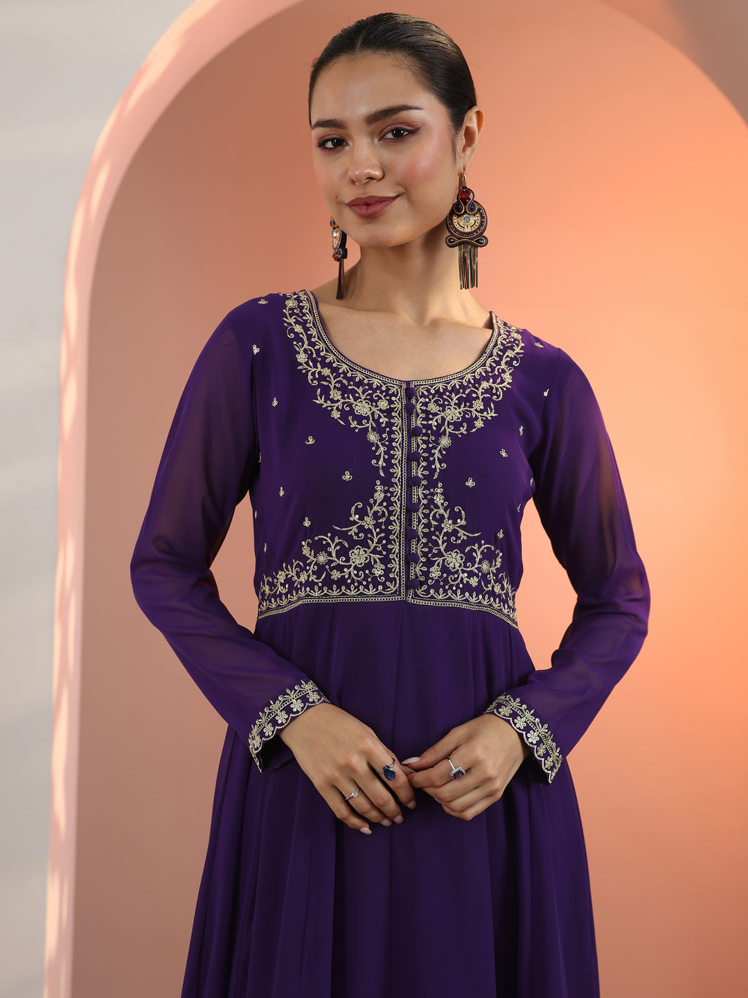  Purple Embellished Georgette Anarkali Suit Set With Dupatta 